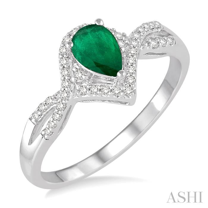 6x4 MM Pear Shape Emerald and 1/6 Ctw Round Cut Diamond Ring in 14K White Gold