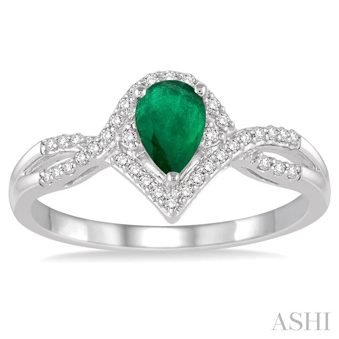 6x4 MM Pear Shape Emerald and 1/6 Ctw Round Cut Diamond Ring in 14K White Gold