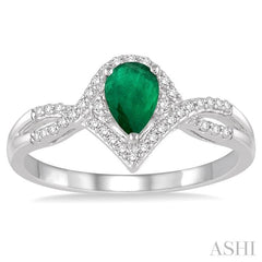 6x4 MM Pear Shape Emerald and 1/6 Ctw Round Cut Diamond Ring in 14K White Gold