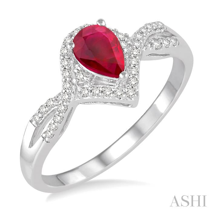 6x4 MM Pear Shape Ruby and 1/6 Ctw Round Cut Diamond Ring in 14K White Gold