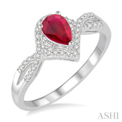 6x4 MM Pear Shape Ruby and 1/6 Ctw Round Cut Diamond Ring in 14K White Gold