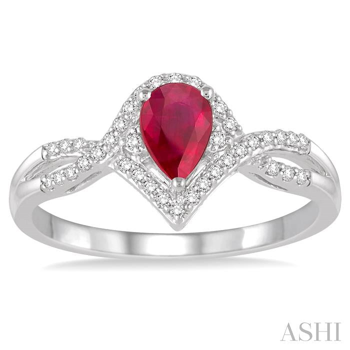 6x4 MM Pear Shape Ruby and 1/6 Ctw Round Cut Diamond Ring in 14K White Gold