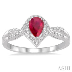6x4 MM Pear Shape Ruby and 1/6 Ctw Round Cut Diamond Ring in 14K White Gold