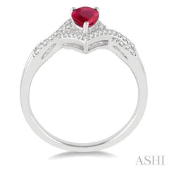 6x4 MM Pear Shape Ruby and 1/6 Ctw Round Cut Diamond Ring in 14K White Gold