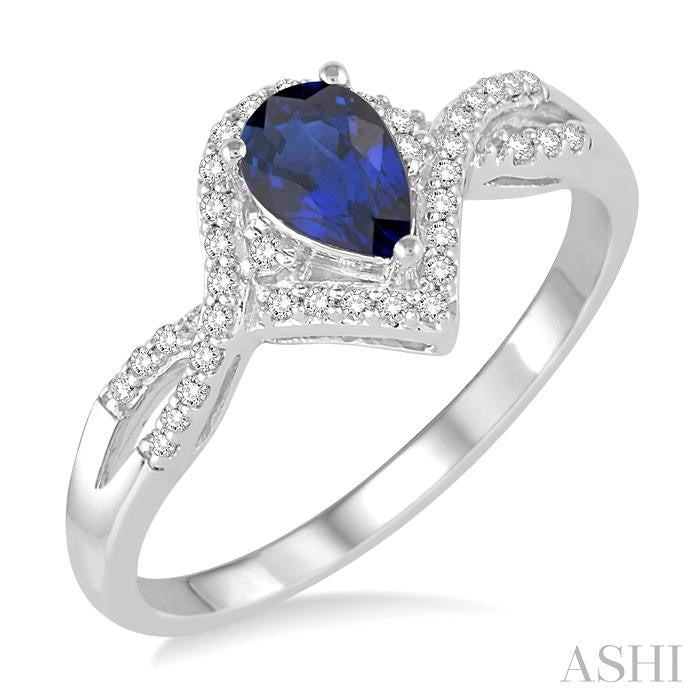 6x4 MM Pear Shape Sapphire and 1/6 Ctw Round Cut Diamond Ring in 14K White Gold