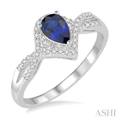 6x4 MM Pear Shape Sapphire and 1/6 Ctw Round Cut Diamond Ring in 14K White Gold