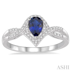 6x4 MM Pear Shape Sapphire and 1/6 Ctw Round Cut Diamond Ring in 14K White Gold