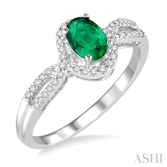 6x4 MM Oval Cut Emerald and 1/6 Ctw Round Cut Diamond Ring in 14K White Gold