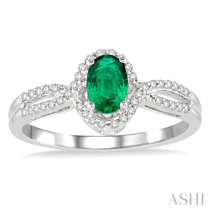 6x4 MM Oval Cut Emerald and 1/6 Ctw Round Cut Diamond Ring in 14K White Gold