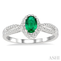 6x4 MM Oval Cut Emerald and 1/6 Ctw Round Cut Diamond Ring in 14K White Gold