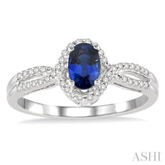6x4 MM Oval Cut Sapphire and 1/6 Ctw Round Cut Diamond Ring in 14K White Gold