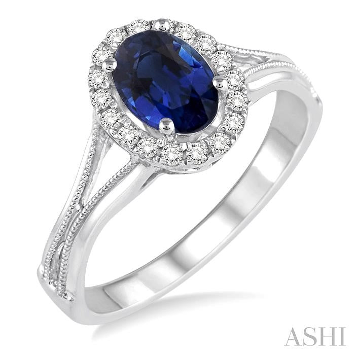 7x5 MM Oval Shape Sapphire and 1/6 Ctw Round Cut Diamond Ring in 14K White Gold