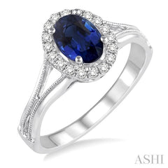 7x5 MM Oval Shape Sapphire and 1/6 Ctw Round Cut Diamond Ring in 14K White Gold