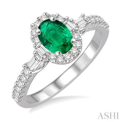 6x4 MM Oval Shape Emerald and 3/8 Ctw Diamond Precious Ring in 14K White Gold