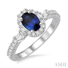 6x4 MM Oval Shape Sapphire and 3/8 Ctw Diamond Precious Ring in 14K White Gold