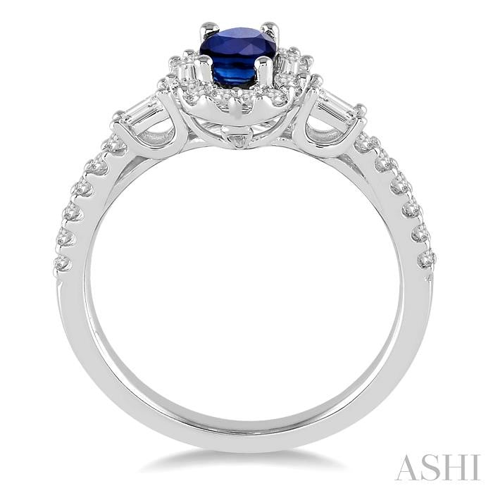 6x4 MM Oval Shape Sapphire and 3/8 Ctw Diamond Precious Ring in 14K White Gold