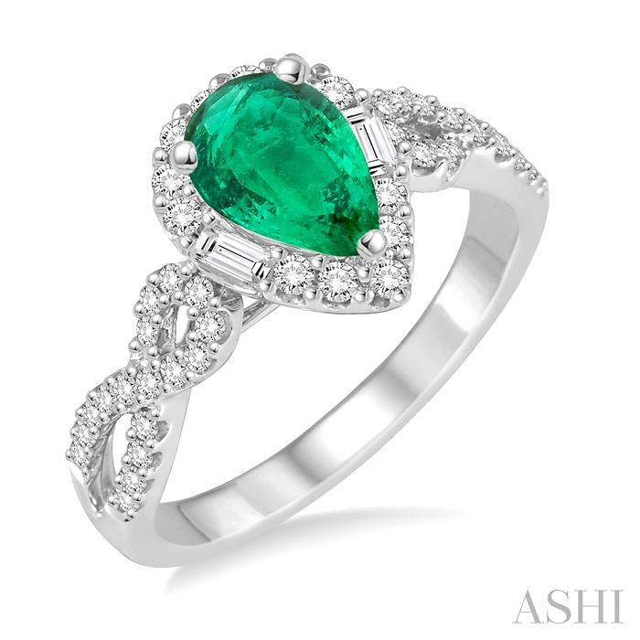 7x5 MM Pear Shape Emerald and 1/2 Ctw Diamond Precious Ring in 14K White Gold