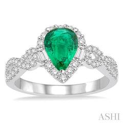 7x5 MM Pear Shape Emerald and 1/2 Ctw Diamond Precious Ring in 14K White Gold