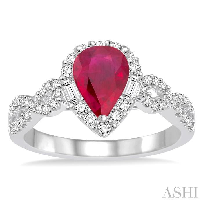 7x5 MM Pear Shape Ruby and 1/2 Ctw Diamond Precious Ring in 14K White Gold