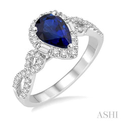 7x5 MM Pear Shape Sapphire and 1/2 Ctw Diamond Precious Ring in 14K White Gold