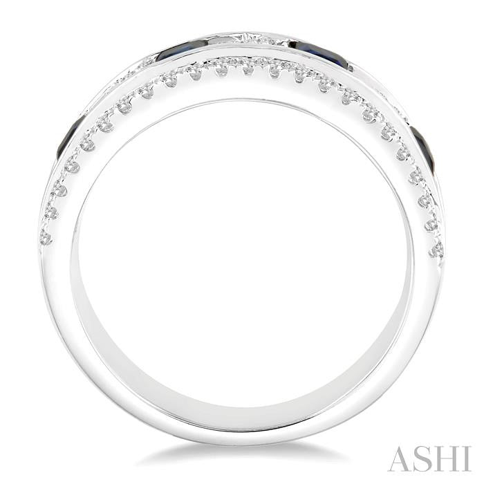 3x3 MM Princess Cut Sapphire and 3/8 Ctw Round Cut Diamond Precious Band in 14K White Gold