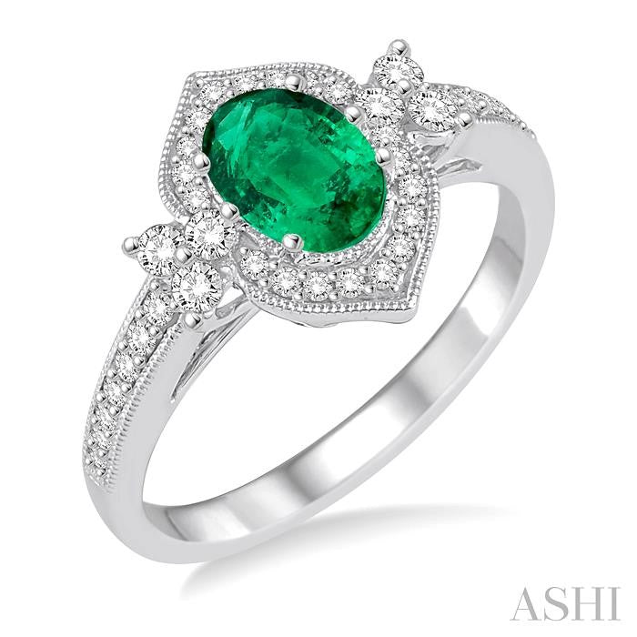 6x4 MM Oval Shape Emerald and 1/3 Ctw Diamond Precious Ring in 14K White Gold