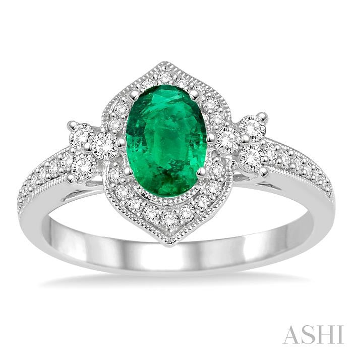6x4 MM Oval Shape Emerald and 1/3 Ctw Diamond Precious Ring in 14K White Gold