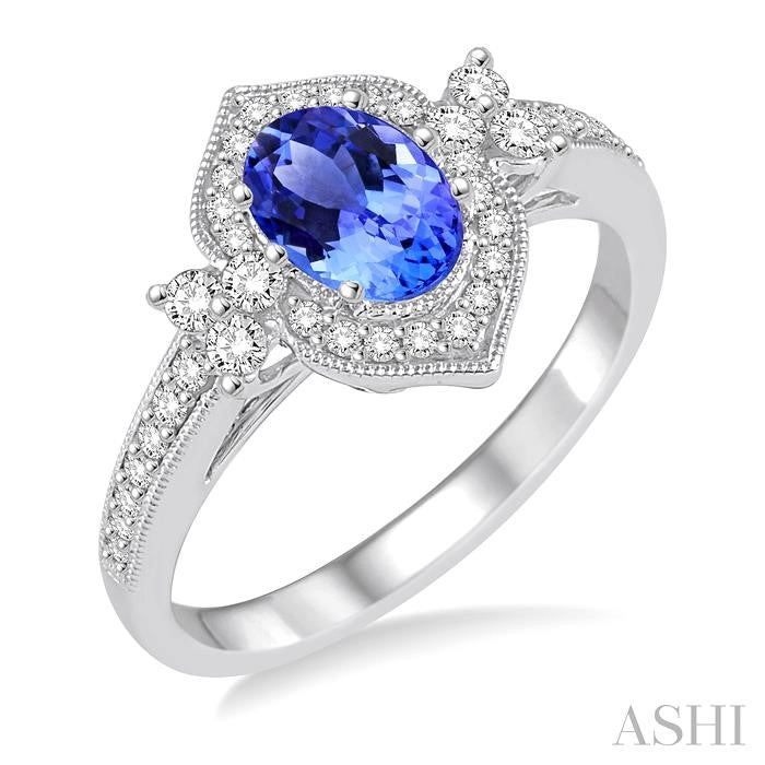 6x4 MM Oval Shape Tanzanite and 1/3 Ctw Diamond Precious Ring in 14K White Gold