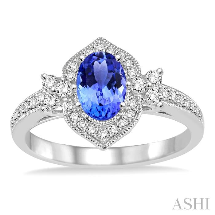 6x4 MM Oval Shape Tanzanite and 1/3 Ctw Diamond Precious Ring in 14K White Gold