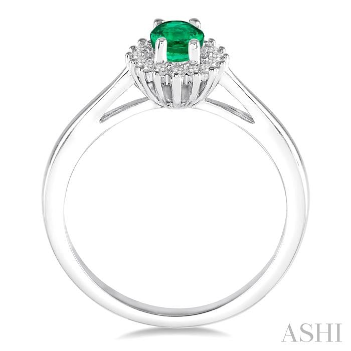 6X4 MM Oval Cut Emerald Center and 1/8 Ctw Round Cut Diamond Halo Precious Stone Ring in 10K White Gold