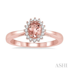 6X4 MM Oval Cut Morganite Center and 1/8 Ctw Round Cut Diamond Halo Precious Stone Ring in 10K Rose Gold