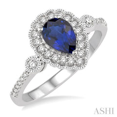7X5 MM Pear Shape Sapphire Center and 1/4 Ctw Round Cut Diamond Precious Stone Ring in 14K White Gold