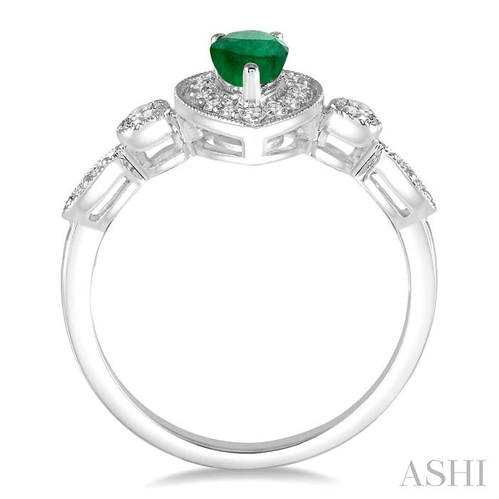 6X4 MM Pear Shape Emerald Center and 1/4 Ctw Round Cut Diamond Ring in 14K White Gold