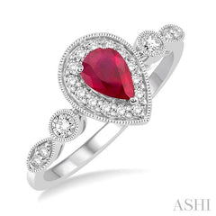 6X4 MM Pear Shape Ruby Center and 1/4 Ctw Round Cut Diamond Ring in 14K White Gold