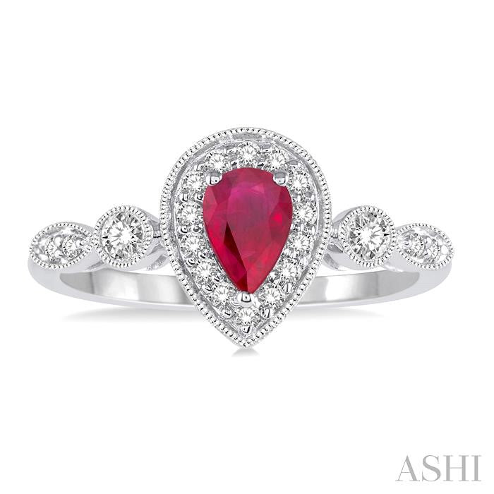 6X4 MM Pear Shape Ruby Center and 1/4 Ctw Round Cut Diamond Ring in 14K White Gold