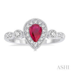 6X4 MM Pear Shape Ruby Center and 1/4 Ctw Round Cut Diamond Ring in 14K White Gold