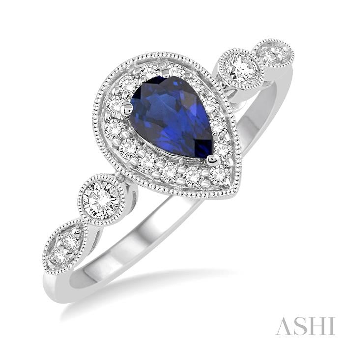 6X4 MM Pear Shape Sapphire Center and 1/4 Ctw Round Cut Diamond Ring in 14K White Gold
