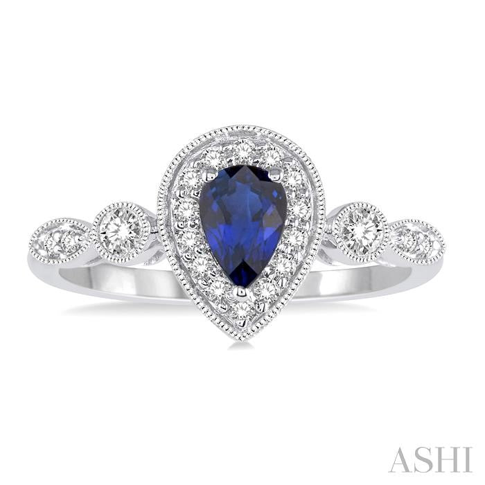 6X4 MM Pear Shape Sapphire Center and 1/4 Ctw Round Cut Diamond Ring in 14K White Gold