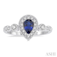 6X4 MM Pear Shape Sapphire Center and 1/4 Ctw Round Cut Diamond Ring in 14K White Gold