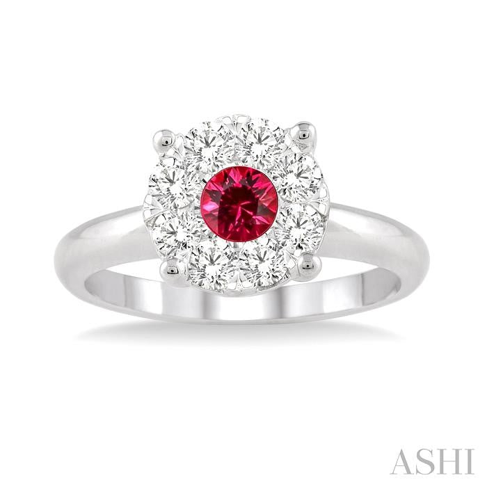 3.8 MM Round Cut Ruby and 1/3 Ctw Lovebright Diamond Precious Ring in 14K White Gold