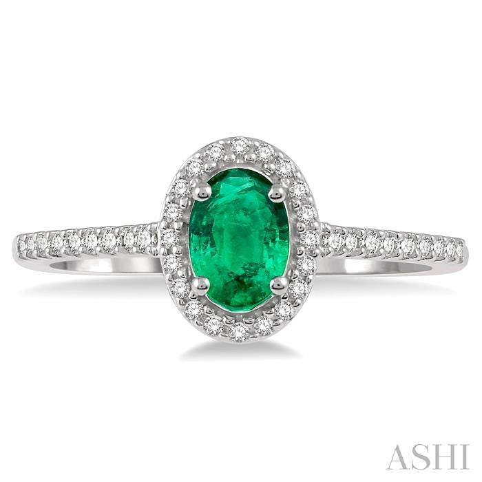 6x4 MM Oval Shape Emerald and 1/5 Ctw Round Cut Diamond Precious Ring in 10K White Gold