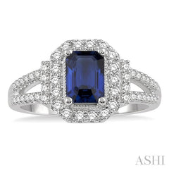 7x5 MM Emerald Shape Sapphire and 1/2 Ctw Round Cut Diamond Precious Ring in 14K White Gold