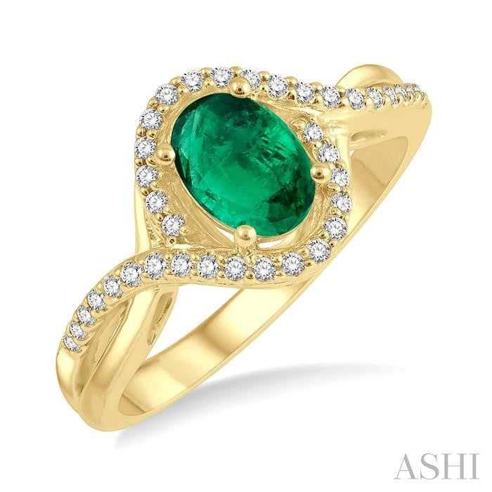 7X5 MM Oval Cut Emerald and 1/5 Ctw Bypass Split Shank Round Cut Diamond Precious Ring in 14K Yellow Gold