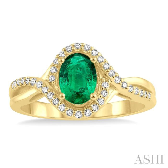 7X5 MM Oval Cut Emerald and 1/5 Ctw Bypass Split Shank Round Cut Diamond Precious Ring in 14K Yellow Gold