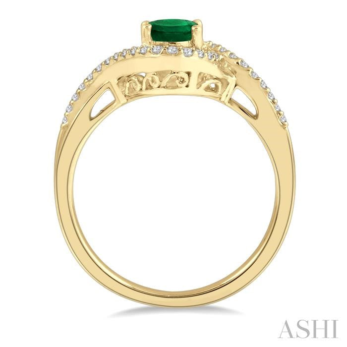 7X5 MM Oval Cut Emerald and 1/5 Ctw Bypass Split Shank Round Cut Diamond Precious Ring in 14K Yellow Gold