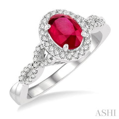 7x5 MM Oval Cut Ruby and 1/4 Ctw Twisted Split Shank Round Cut Diamond Precious Ring in 14K White Gold