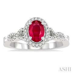 7x5 MM Oval Cut Ruby and 1/4 Ctw Twisted Split Shank Round Cut Diamond Precious Ring in 14K White Gold