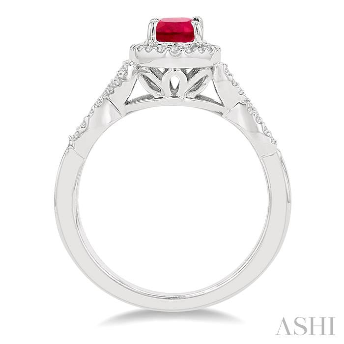 7x5 MM Oval Cut Ruby and 1/4 Ctw Twisted Split Shank Round Cut Diamond Precious Ring in 14K White Gold