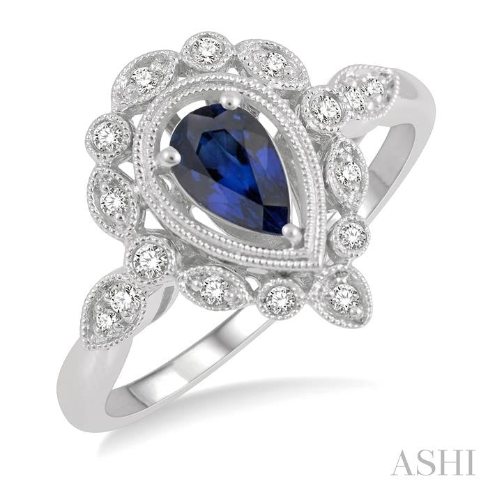 6x4 MM Pear Cut Sapphire and 1/8 Ctw Lattice Reverse Taper Shank Round Cut Diamond Precious Ring in 10K White Gold