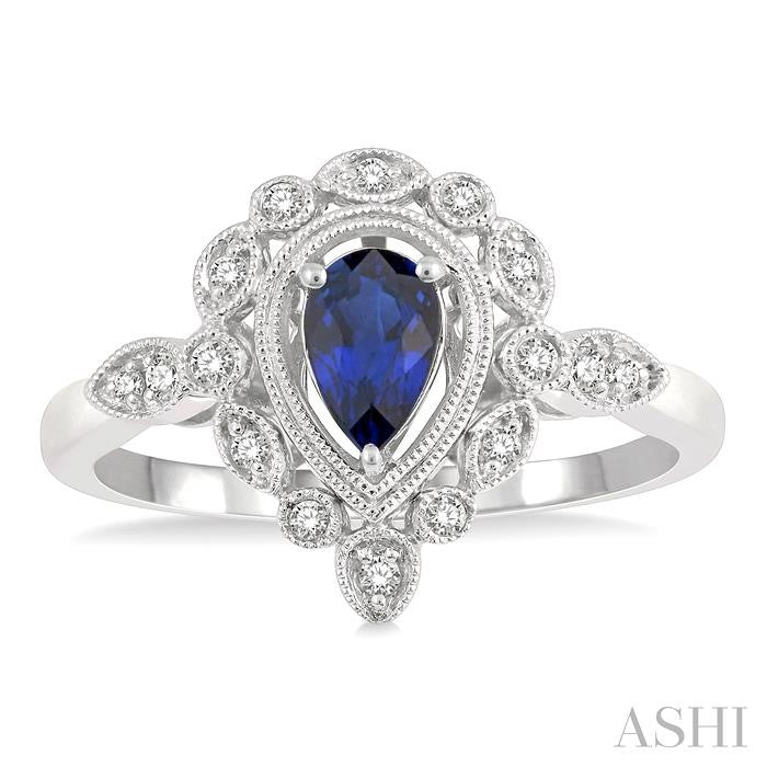 6x4 MM Pear Cut Sapphire and 1/8 Ctw Lattice Reverse Taper Shank Round Cut Diamond Precious Ring in 10K White Gold